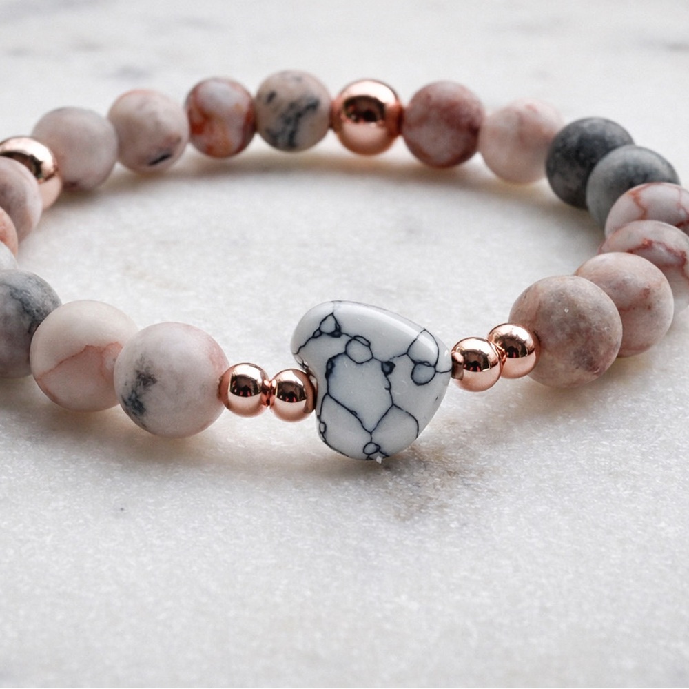 Pink Howlite Heart Beaded Bracelet with Rose Gold Accents